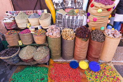 High angle view of multi colored for sale at market stall