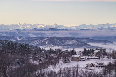 Scenic view of snowcapped mountains against sky