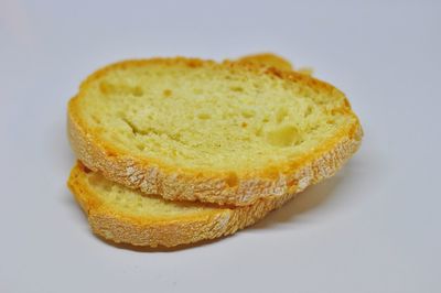 Close-up of bread in plate against white background