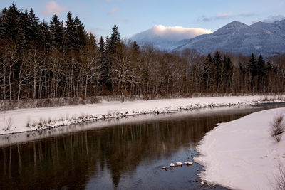 Scenic view of lake by snowcapped mountains against sky