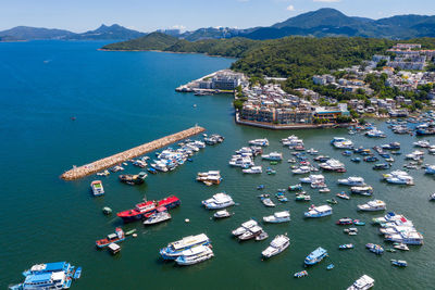 High angle view of boats in sea