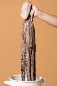 Hand of crop anonymous person holding whole raw octopus with tentacles over white pot on brown background in light room person