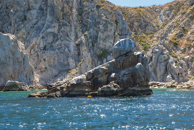 Scenic view of sea against rock formation