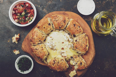 High angle view of food served on table