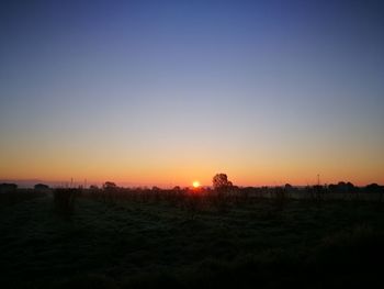 Scenic view of field against clear sky during sunset