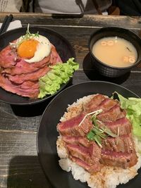 High angle view of breakfast on table