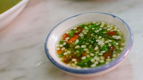 High angle view of soup in bowl