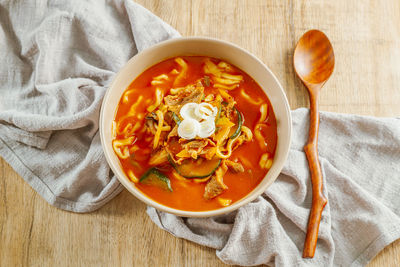 High angle view of soup in bowl on table