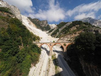 Panoramic view of bridge over mountains against sky