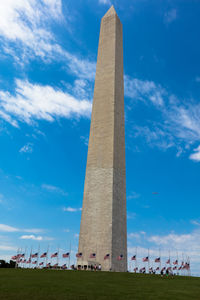 Low angle view of washington monument against blue sky in city
