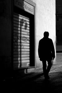 Rear view of man walking on wall