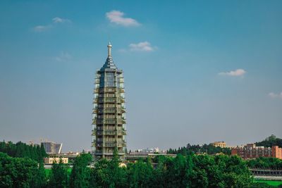 Low angle view of pagoda against sky