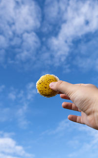 Midsection of person holding macaroon against sky