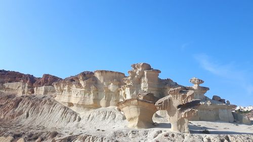 Panoramic view of rock formation against clear blue sky