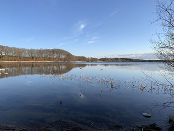 Scenic view of lake against blue sky