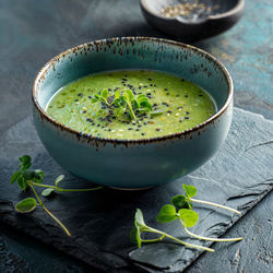 Close-up of soup in bowl on table