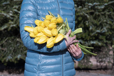 Woman in a blue jacket with a bouquet of yellow spring tulips, mother's day gift