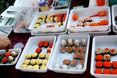 High angle view of food for sale