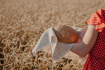 Midsection of woman holding bread on field