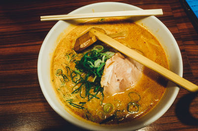 Close-up of soup served in bowl