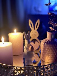 Close-up of illuminated candles on table