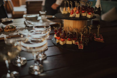 High angle view of snacks on table