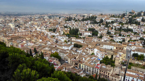 High angle shot of townscape against sky