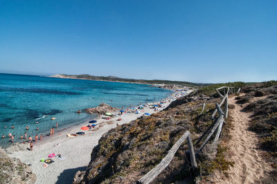 Panoramic view of beach against clear blue sky