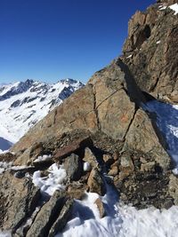 Scenic view of snowcapped mountains against clear blue sky