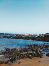 Scenic view of sea against clear blue sky