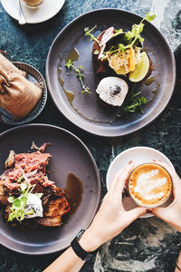 High angle view of food served on table