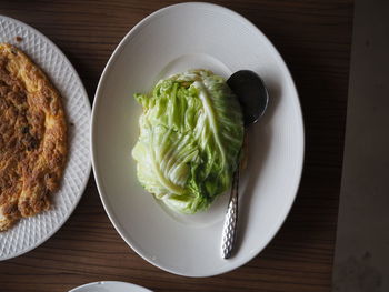 High angle view of salad in bowl on table