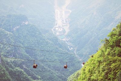 High angle view of overhead cable car by tree mountain