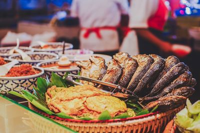 Close-up of food served on table