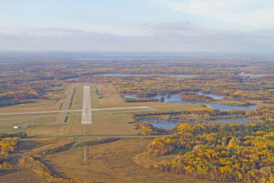 High angle view of field against sky