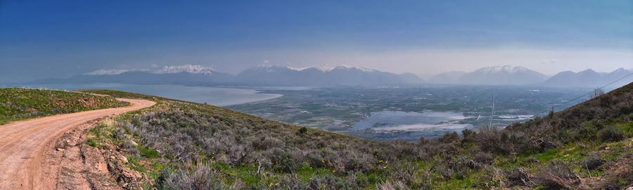 Scenic view of sea and mountains against sky