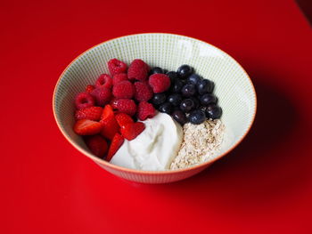 High angle view of strawberries in bowl