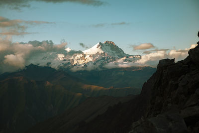 Panoramic view of snowcapped mountains against sky