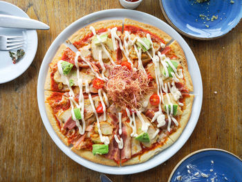 High angle view of pizza served in bowl
