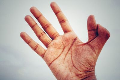 Close-up of human hand against white background