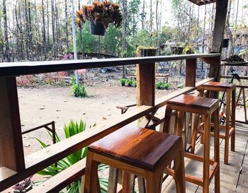 Table and plants against trees