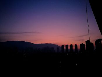 Silhouette buildings in city against sky at sunset