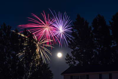 Low angle view of firework display against sky at night with full moon