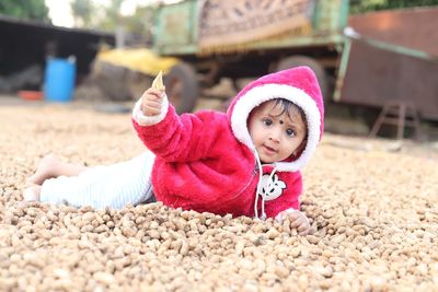 Portrait of cute girl in park during winter