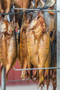 Hanging smoke-dried fish in a fish market smoked with hardwood wood chips in a smoker, ready to eat