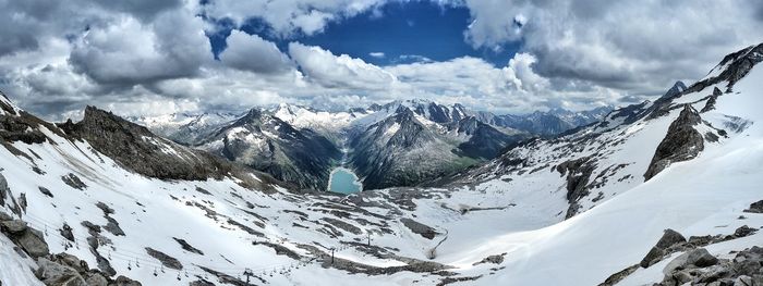 Panoramic view of snowcapped mountains against sky