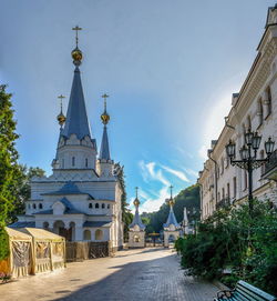 The main entrance to territory of the svyatogorsk lavra in ukraine, on a sunny summer morning