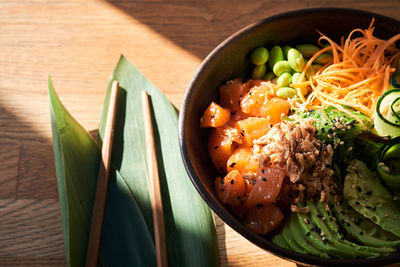 High angle view of vegetables in bowl on table