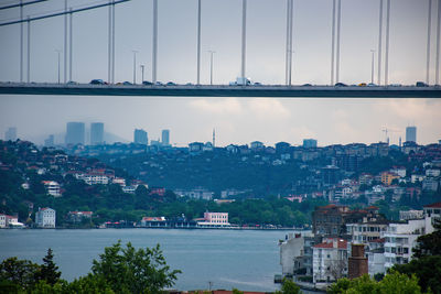 Trafic jam on the bridge during cloudy day in city