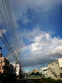 Low angle view of power lines against cloudy sky